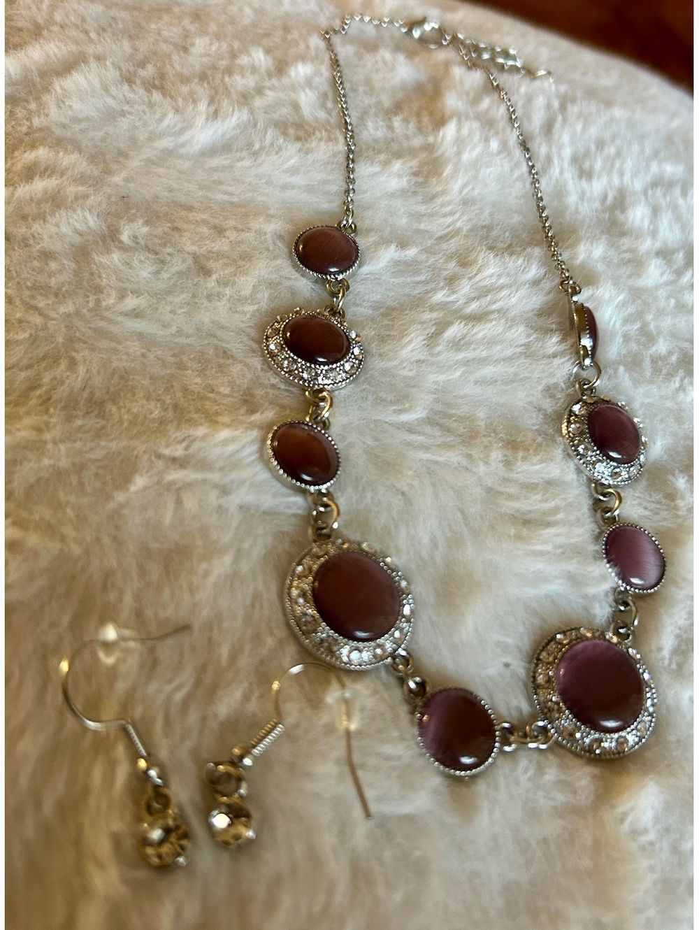 Purple Stone and Rhinestone Necklace with Matching Earrings Set